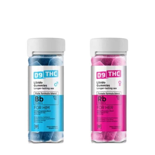 D9 libido gummies for him and her in blue and pink container