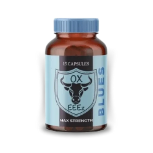 Blue Ox Eeez bottle. A nootropic blend capsules