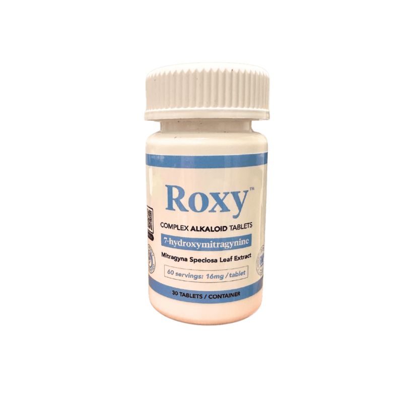 ROXY 7-OH - 30 COUNT BOTTLE ( 7-HYDROXYMITRAGYNINE) in white small container.